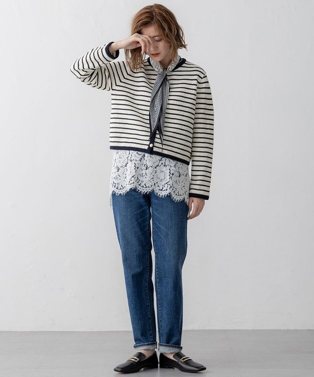 23区 【Oggi3月号掲載/洗える】ブークレコットン ニットジャケット アイボリー×ネイビー