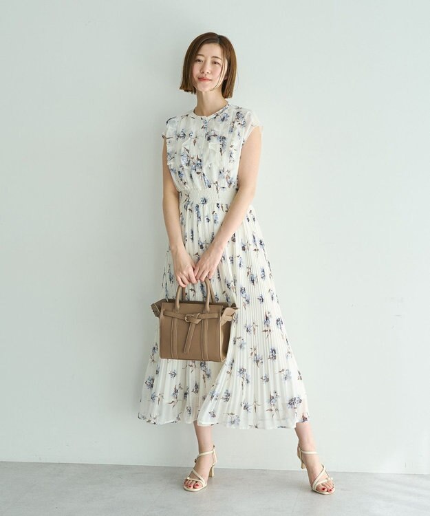 YECCA VECCA フラワー柄フリルプリーツワンピース Off White