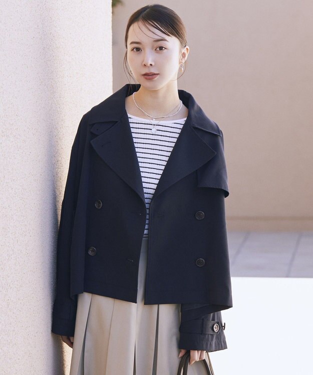 earth music&ecology 2WAYフードショートフレアトレンチ Navy