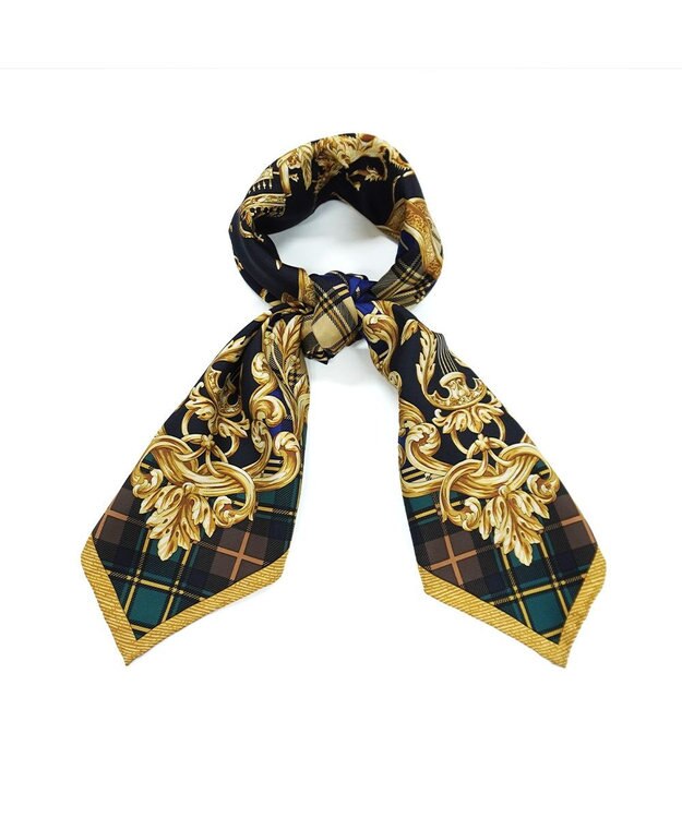 Marca 【Marcaオリジナル】オーナメントチェック 大判 シルクツイル スカーフ グリーン×ブラウン