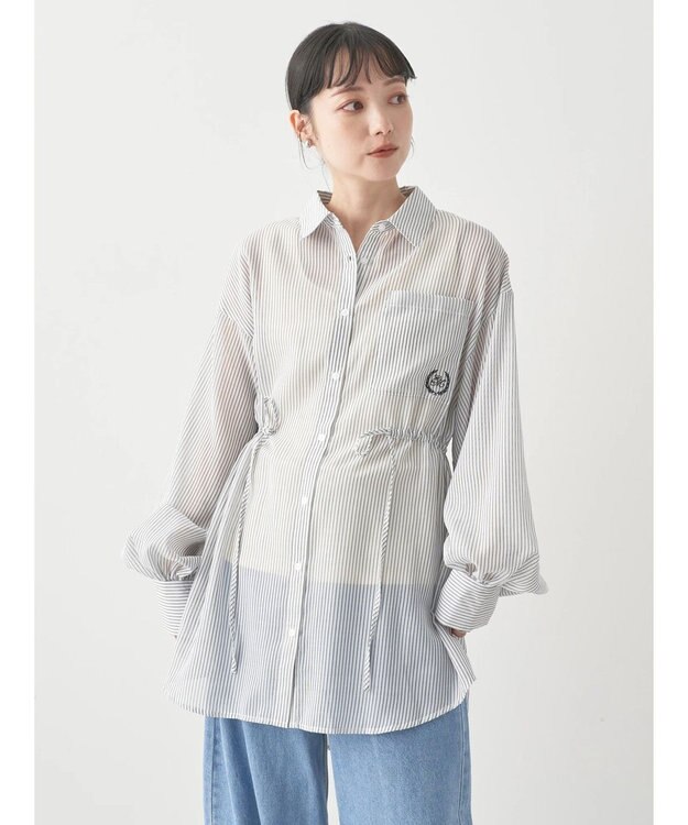 earth music&ecology ワンポイント刺繍ロングシャツ Stripe Black