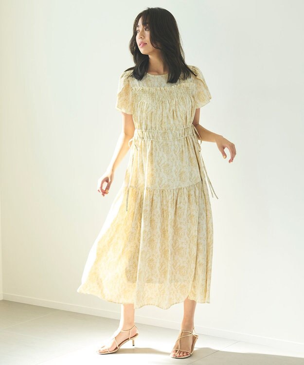 Feroux 【洗える】フラワープリントドロスト ワンピース ライトイエロー系3