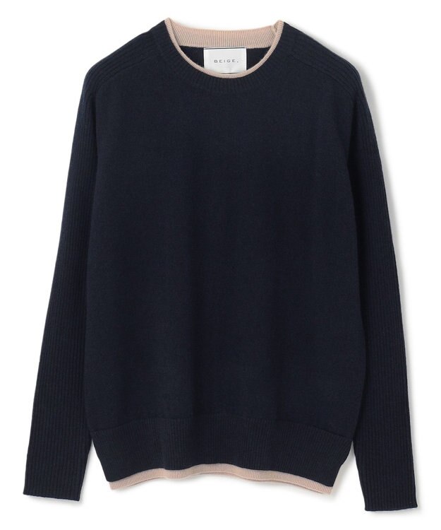 BEIGE， 【洗える】POMPE / ウールカシミヤ配色リブクルーネック Navy×Taupe