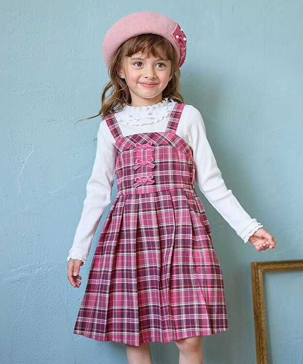 ANY KIDS チェックプリーツジャンパースカート ピンク系