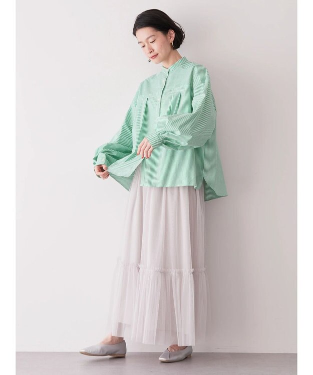 AMERICAN HOLIC イージーケア切替タックワイドシャツ Stripe Green