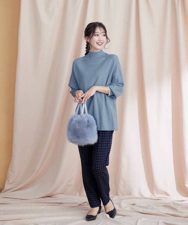 Tiaclasse 【洗える】配色ハイネックニットトップス サックス