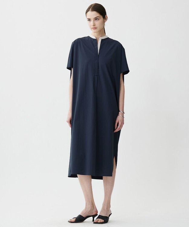 ICB L 【接触冷感・UVカット・洗える】RENUソフトタイプライター バンドカラーワンピース ネイビー×トープ系