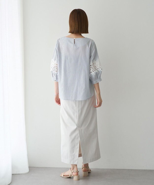 YECCA VECCA ストライプ柄レース切替ブラウス Off White