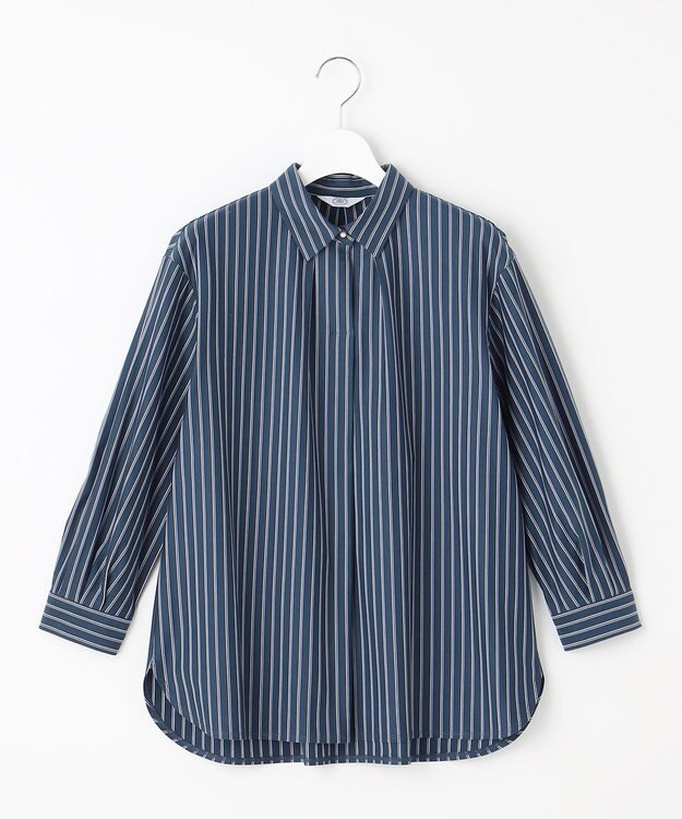 J.PRESS LADIES L ストライプジャージー シャツカラー カットソー ダルブルー系1