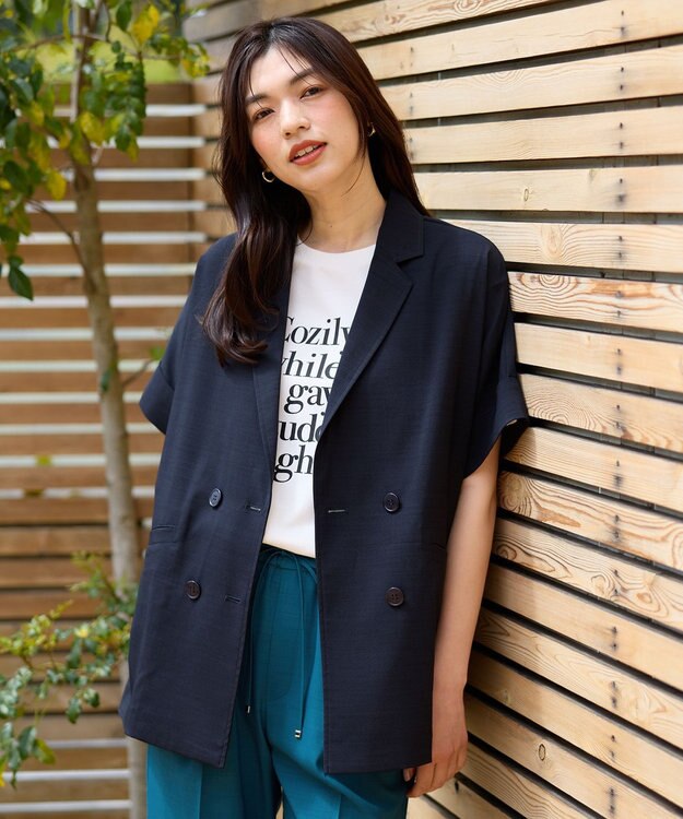 ANY 【セットアップ可】サラサラテックリネン半袖テーラードジャケット ネイビー