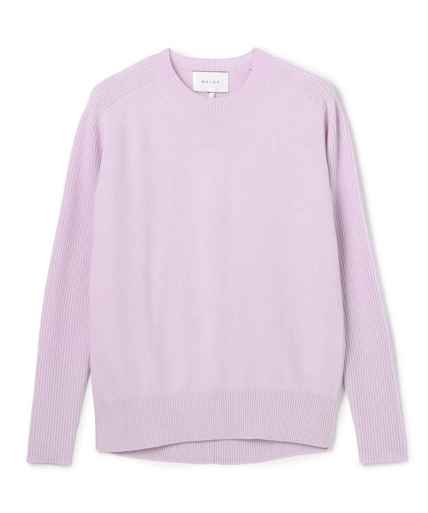 BEIGE， 【洗える】POMPE / ウールカシミヤ配色ラインクルーネックニット Lilac×Taupe