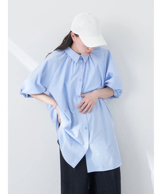 earth music&ecology パフスリーブチュニックブラウス Sax