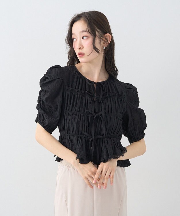 earth music&ecology レースティアードシャーリングブラウス Black