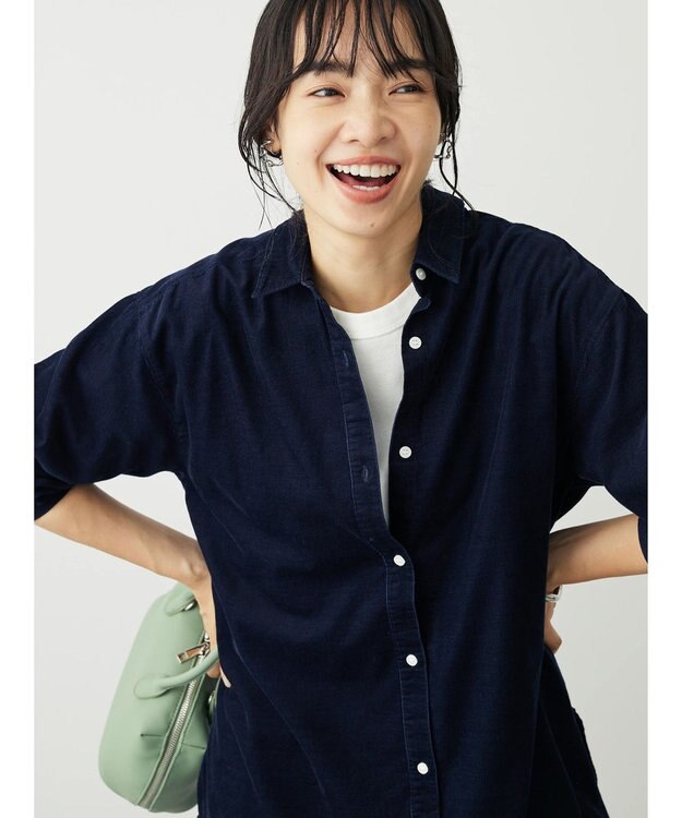 Green Parks 柔らかい細コールシャツ Navy