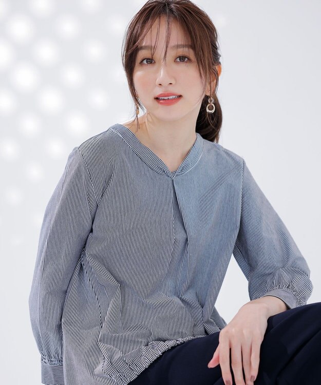 ANY SIS 【洗える】シルケットジャージーストライプ ブラウス ネイビーストライプ
