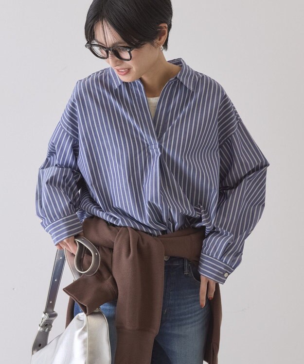 AMERICAN HOLIC 【イージーケア】バックギャザースキッパーシャツ Stripe Navy