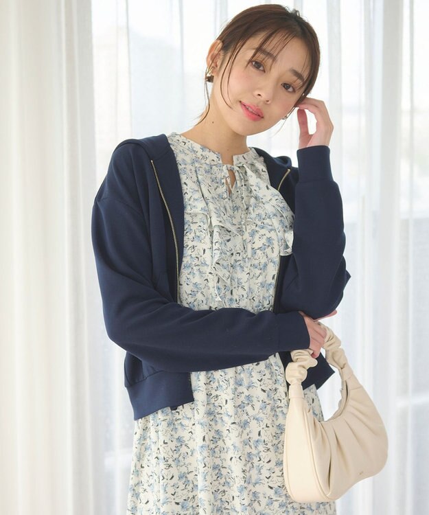 Feroux 【洗える】ダブルジップダンボールロゴ パーカー ネイビー系