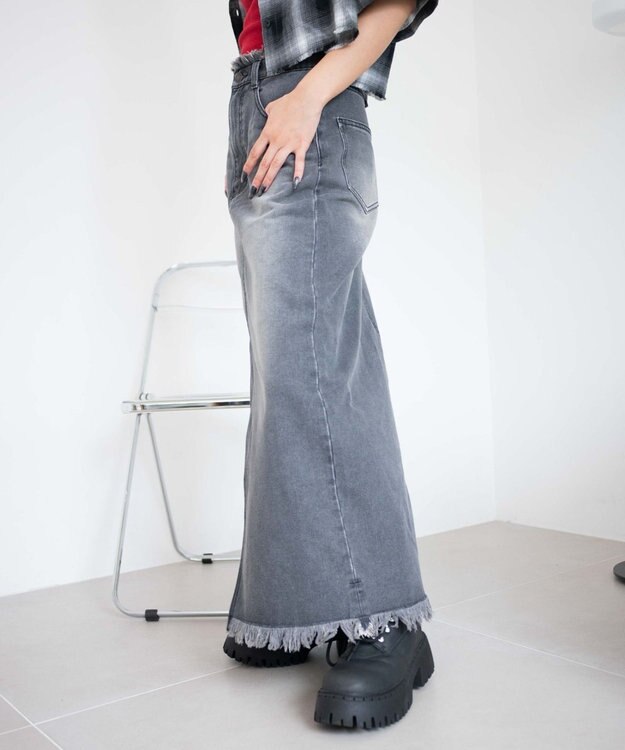 WEGO フリンジロングスリットデニムスカート デニムブラックソノタ