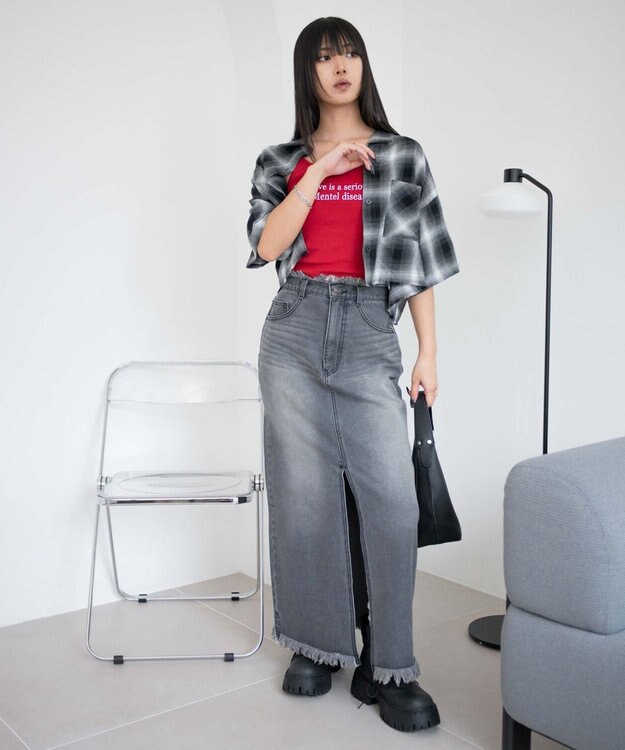 WEGO フリンジロングスリットデニムスカート デニムブラックソノタ