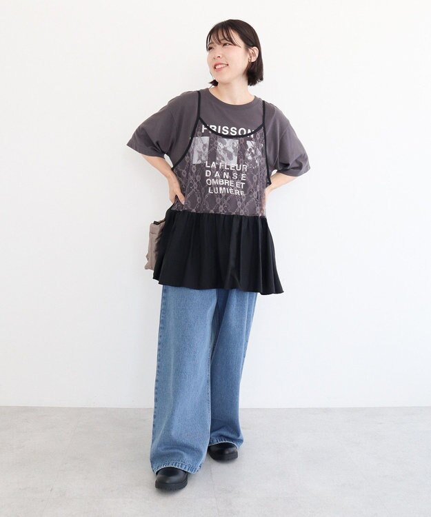 Green Parks ＳＥＴ２点フォトＴシャツ＋レースキャミビスチェ Charcoal Gray
