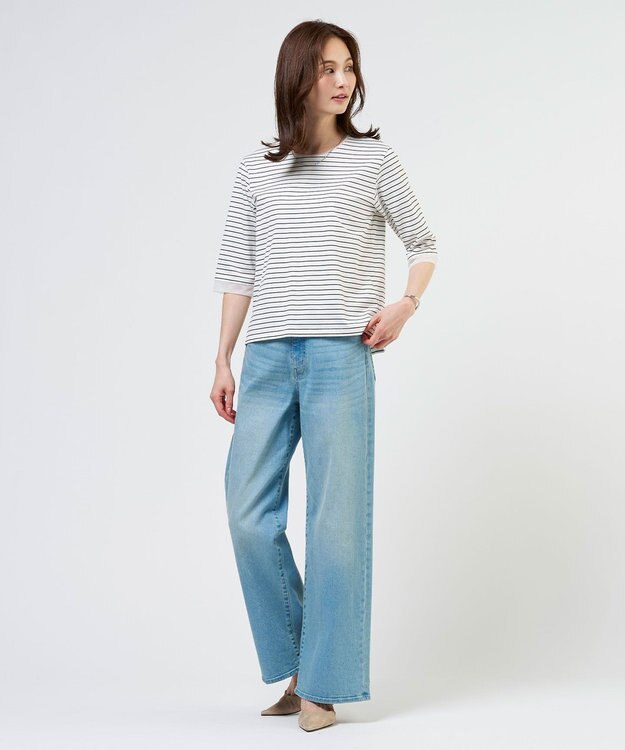 J.PRESS LADIES スムースジャージー ボーダー カットソー オフ×ネイビー系