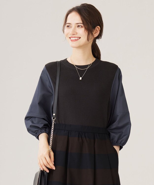 自由区 L 【カタログ掲載・洗える】ハイツイストコットンアセテート異素材コンビ トップス ブラウンxネイビー