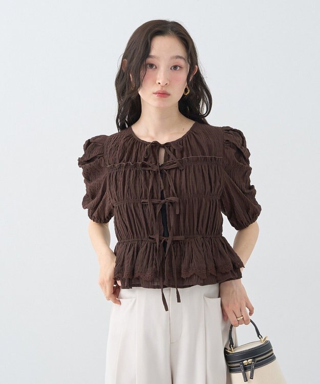 earth music&ecology レースティアードシャーリングブラウス Brown