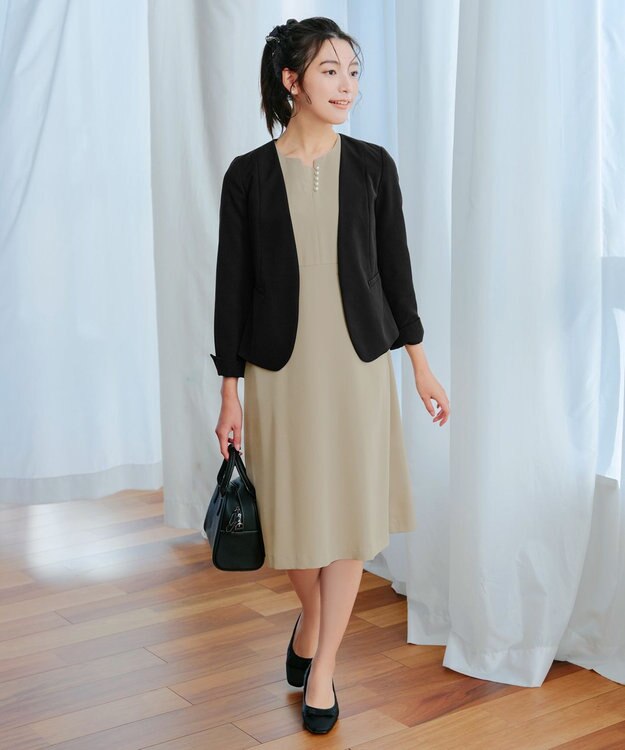 Tiaclasse L 【洗える】パール付きタックスリーブワンピース ベージュ