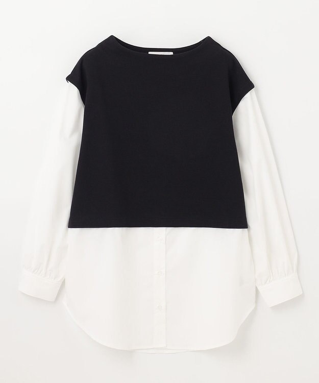 ANY 【洗える】異素材コンビ レイヤードトップス ブラック×ホワイト