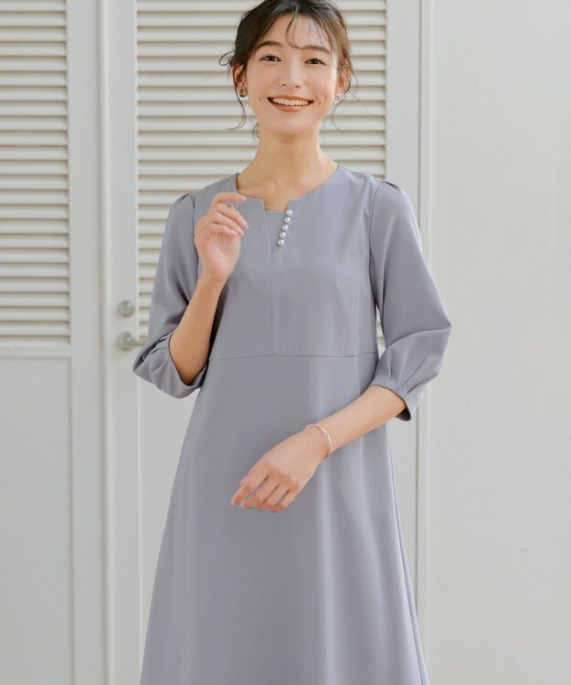 Tiaclasse 【洗える】パール付きタックスリーブワンピース サックス