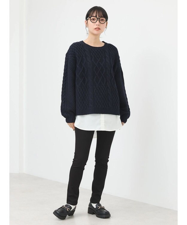 earth music&ecology ウォッシャブルケーブルプルオーバー Navy