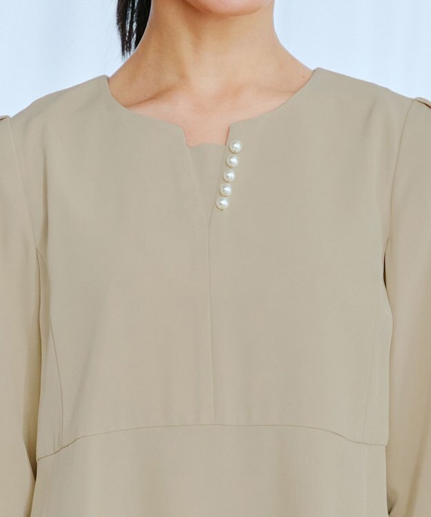 Tiaclasse L 【洗える】パール付きタックスリーブワンピース ベージュ