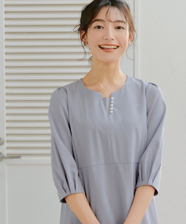 Tiaclasse L 【洗える】パール付きタックスリーブワンピース サックス