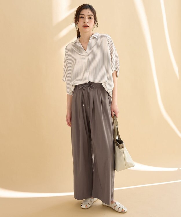 ANY 【新色追加】スキッパーネック袖タックブラウス ベージュストライプ