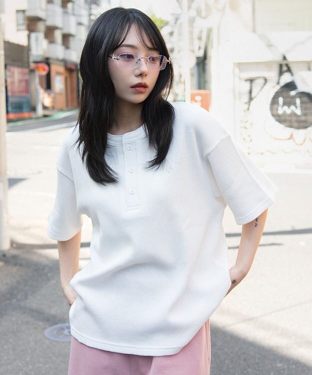 WEGO 【ユニセックス着用ITEM/MLサイズ展開】ワッフルヘンリーネックT（SS） ホワイト
