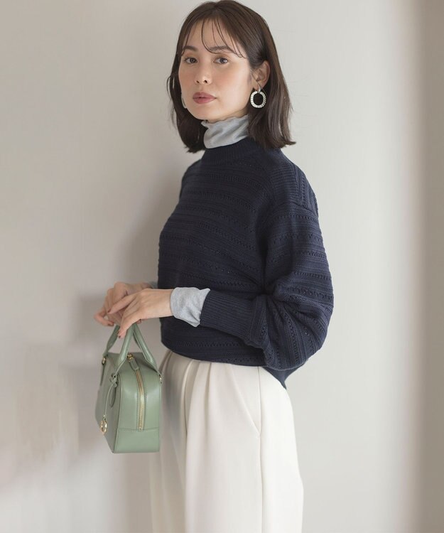 組曲 L 【WEB限定カラーあり】透かし編みバルキーボーダー柄ニット ネイビー系