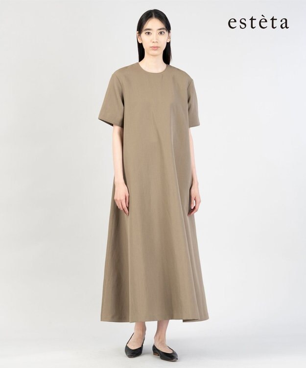 23区 【エステータ】ウールリネン 半袖フレアワンピース カーキ系