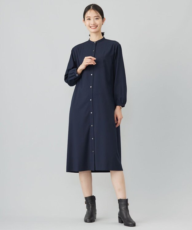 J.PRESS LADIES L 【洗える】T/Rウォッシャブルギャバ バンドカラー ワンピース ネイビー系
