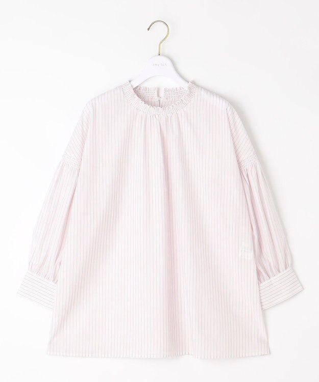 ANY SIS 【洗える】シャーリングフリルスタンド ブラウス ピンクストライプ