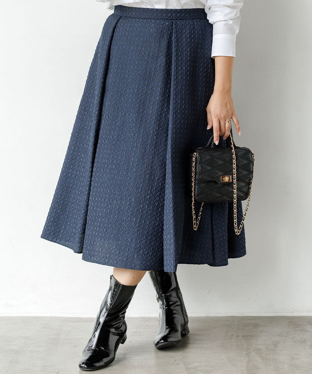 23区 L 【洗える】プレザンスジャカード タックスカート ネイビー系