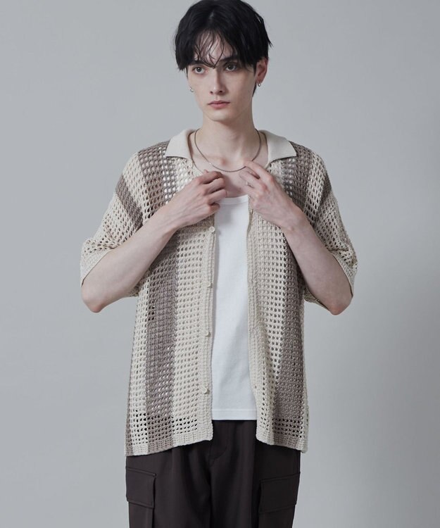 WEGO マルチストライプニットシャツ（S） オフホワイト