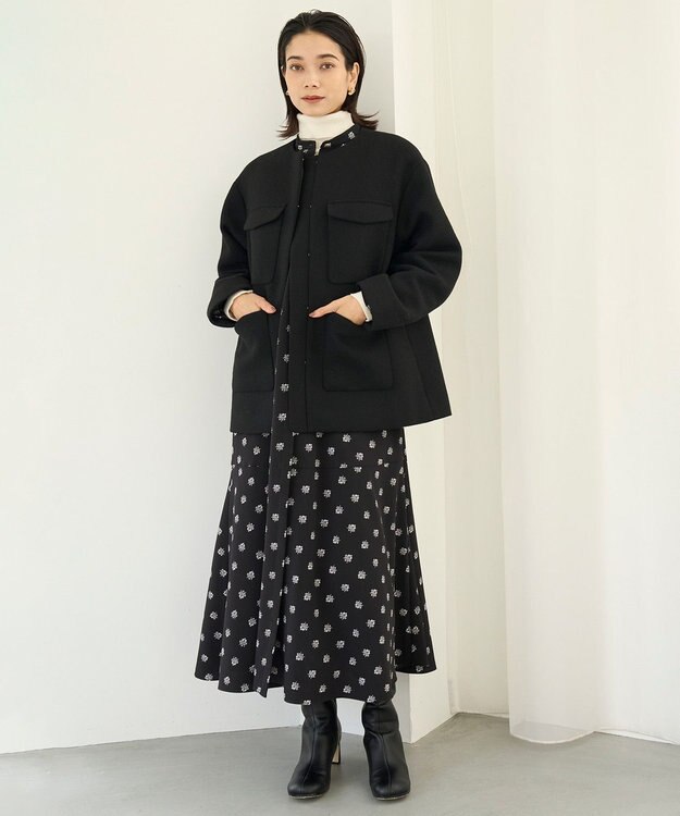 UNFILO ウールブレンド ノーカラーコート ブラック