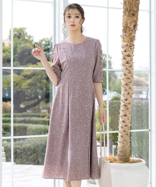 Tiaclasse L 【洗える】ギャザースリーブ花柄ワンピース ラベンダー