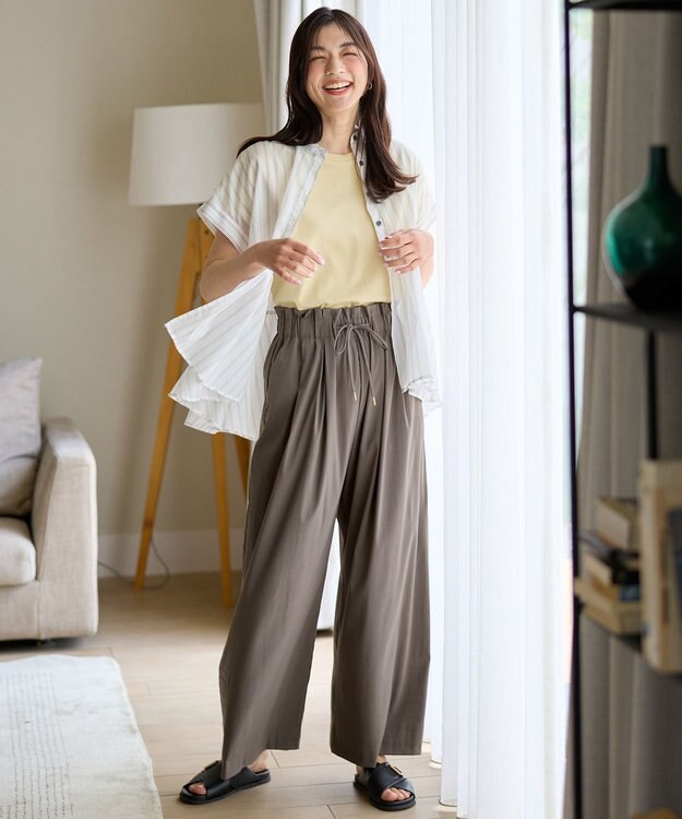 ANY L 半袖ティアードブラウス オフ×ストライプ