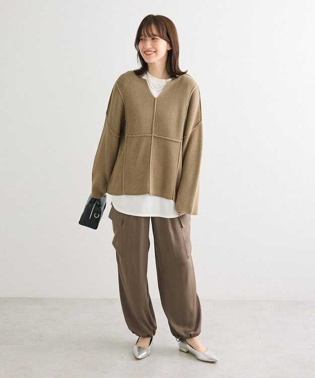 Green Parks リブ切替Ｖネックニットプルオーバー Khaki