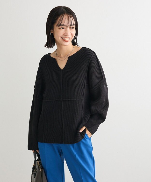 Green Parks リブ切替Ｖネックニットプルオーバー Black