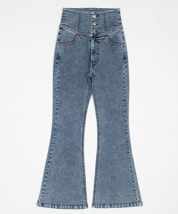 WEGO 【ストレッチ/美脚/脚長シルエット/XSSMサイズ展開】ハイウエストストレッチフレアデニムパンツ デニム中濃加工色