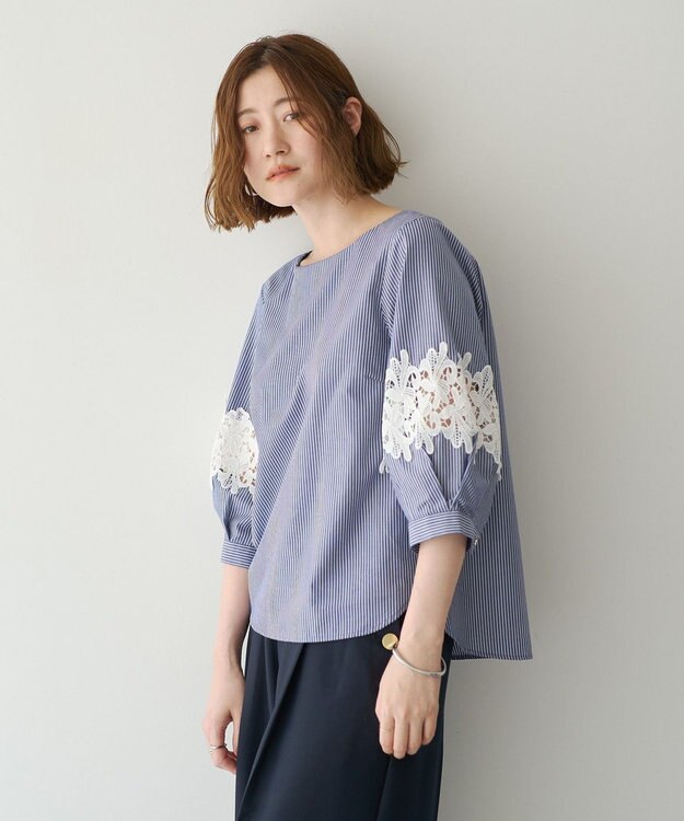 YECCA VECCA ストライプ柄レース切替ブラウス Navy