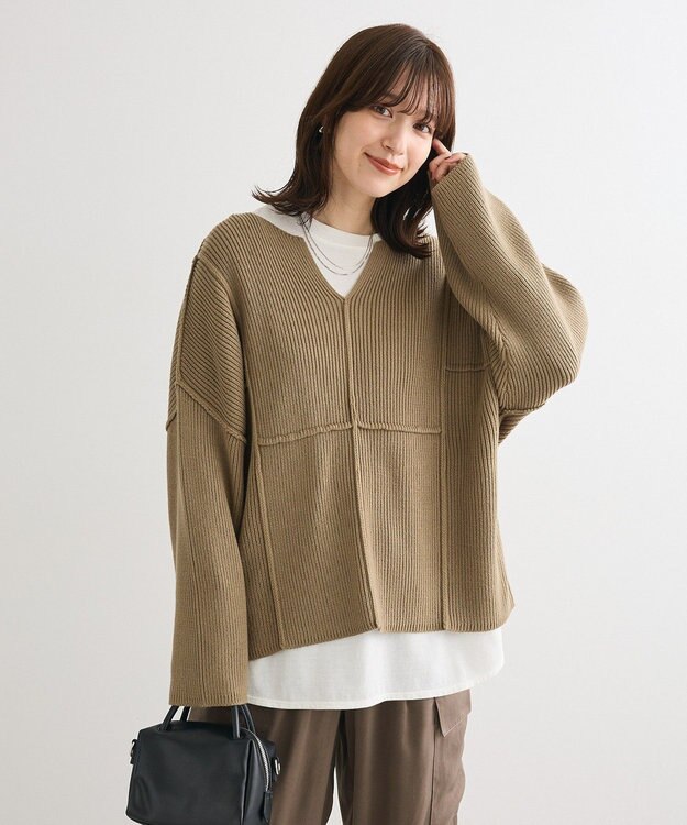 Green Parks リブ切替Ｖネックニットプルオーバー Khaki