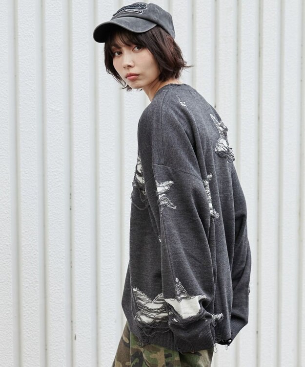 WEGO 【ユニセックス着用ITEM】ダメージジャガードニットプルオーバー スミクロ